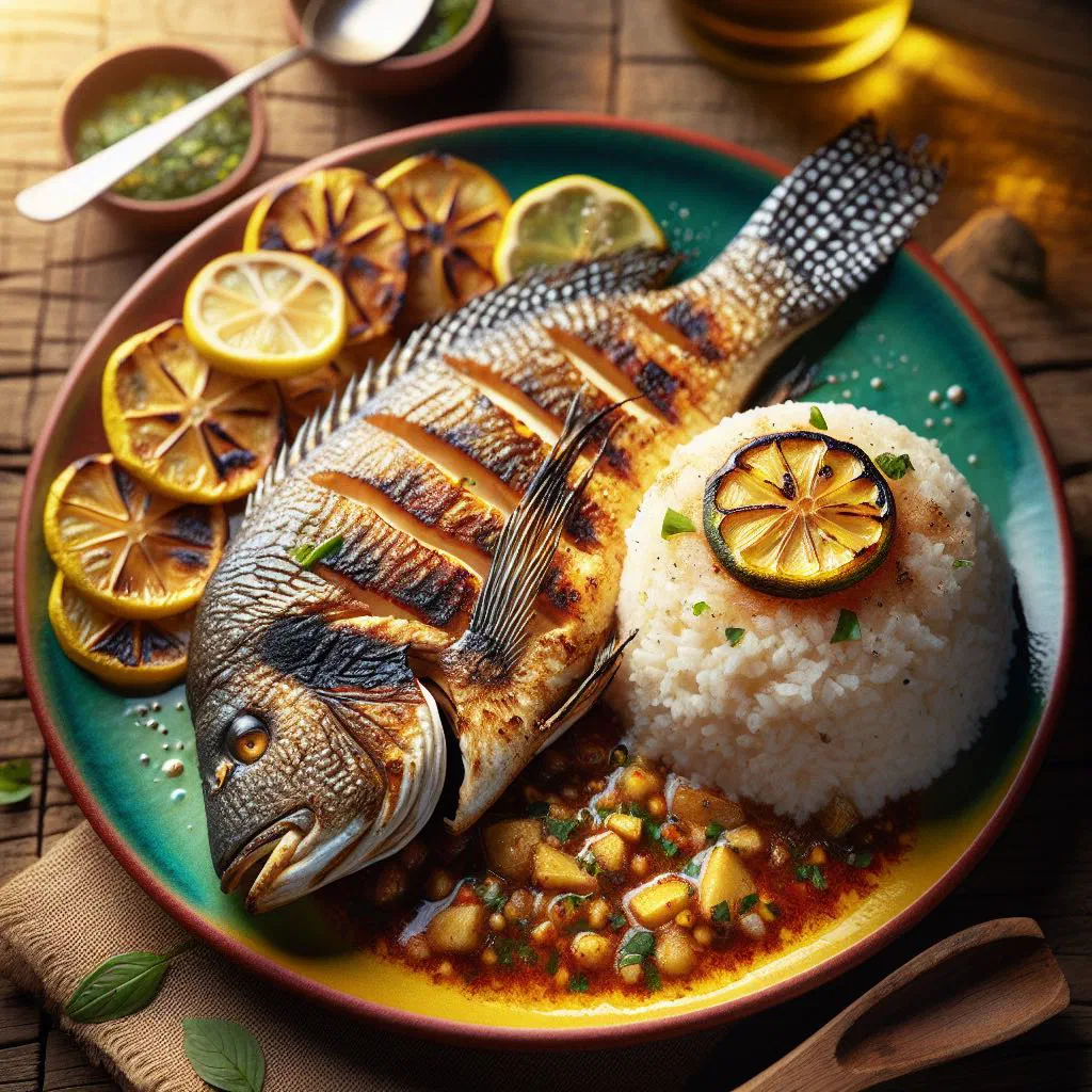 Grilled tilapia fillet served with a mound of white sadza and green vegetables