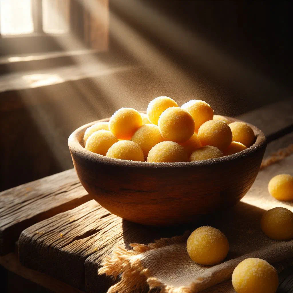 Steamed maize meal dumplings on a rustic wooden board with fresh herbs