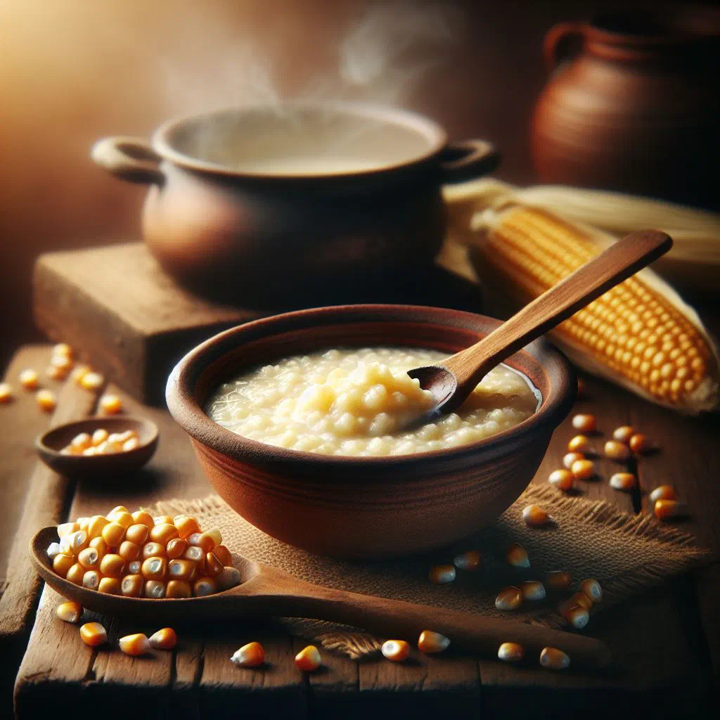 A smooth mound of white maize porridge served on a plate with vegetables