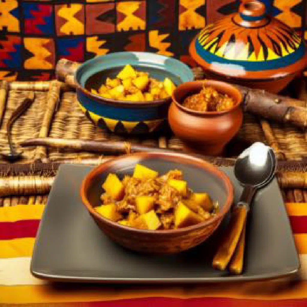 Boiled cassava served with a tomato and onion sauce and fresh greens