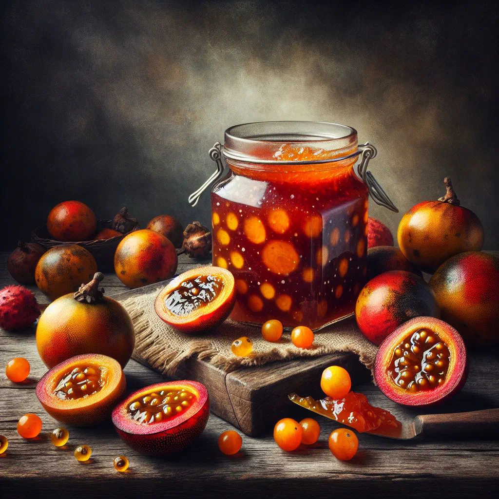 Jar of glossy masau fruit jam with fresh wild plums beside it