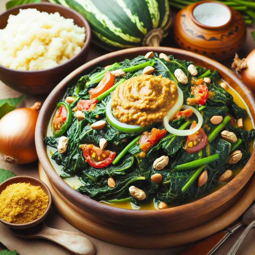 Bowl of muboora, braised pumpkin leaves with pumpkin seeds and tomato