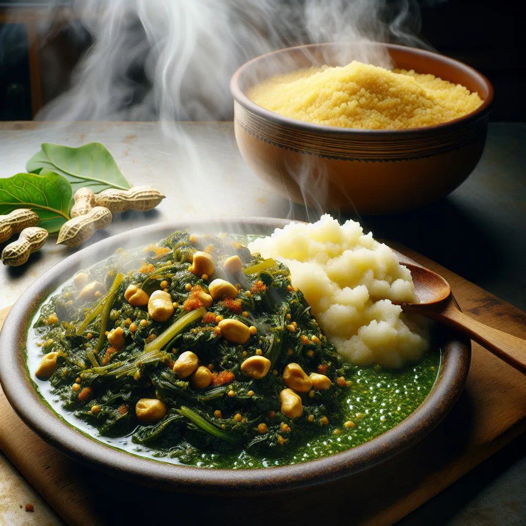 Bowl of muriwo unedovi — leafy greens in a creamy peanut sauce