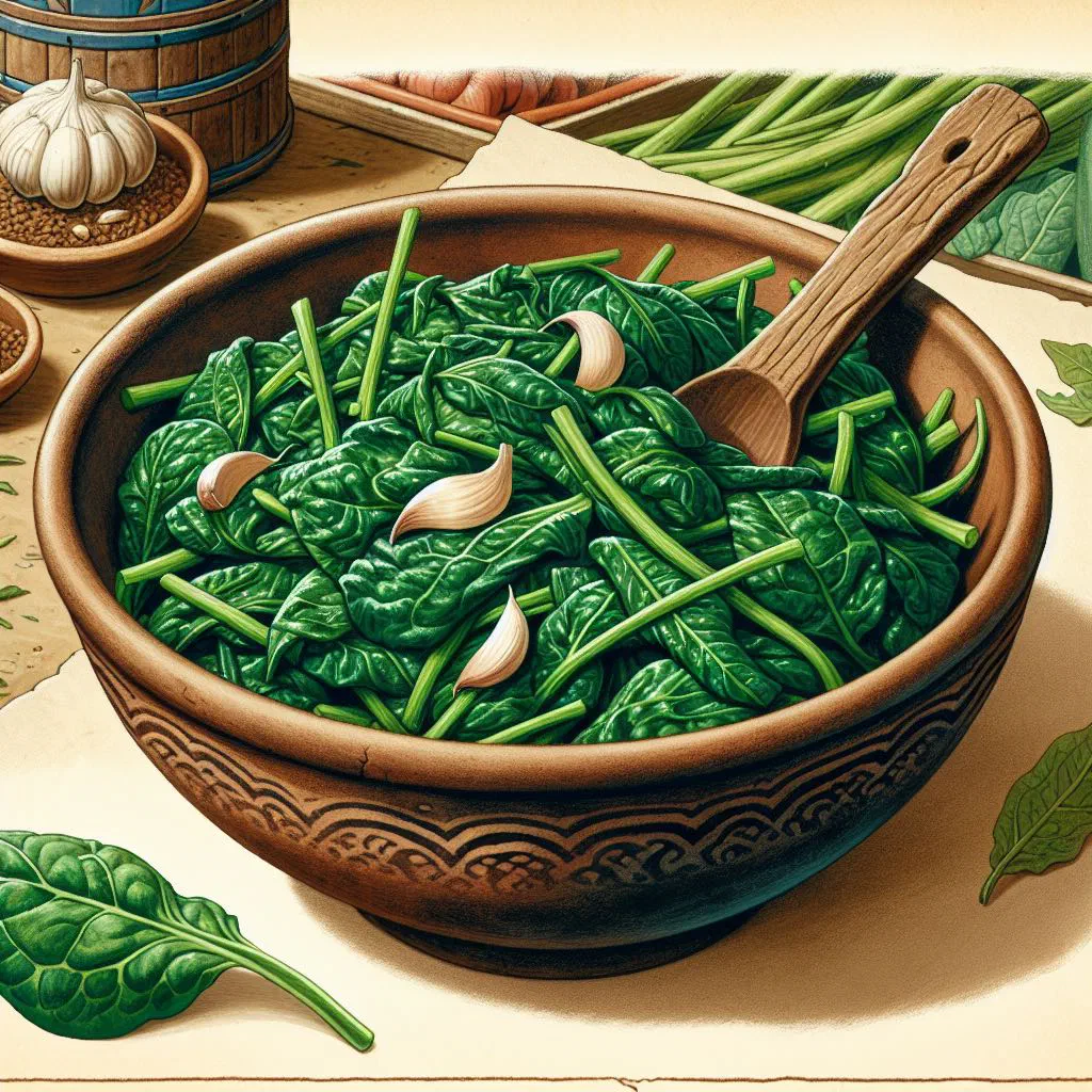 Bowl of wilted spinach in a creamy peanut butter sauce