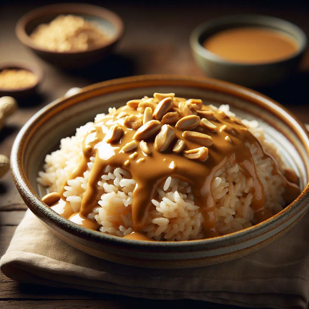 Creamy peanut butter rice in a bowl topped with fresh herbs and roasted peanuts