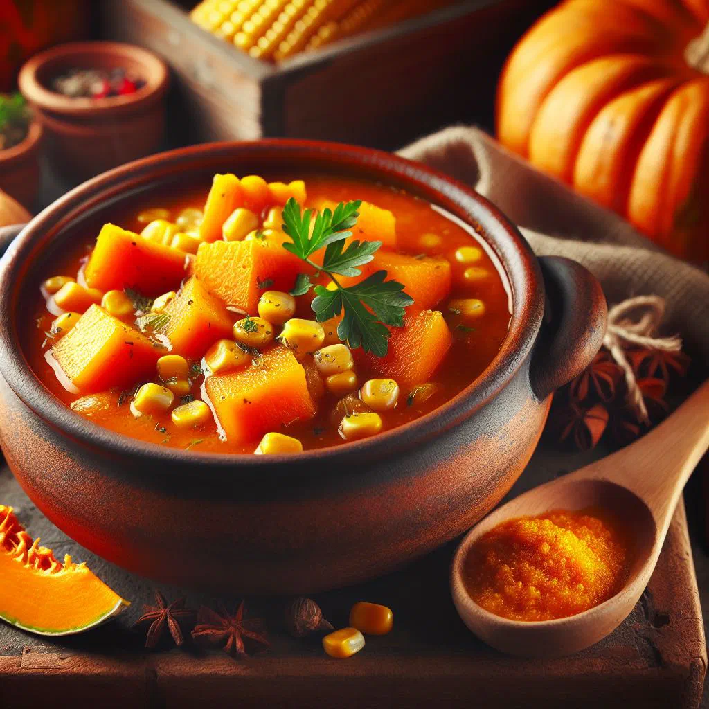 Bowl of pumpkin and corn stew garnished with fresh herbs