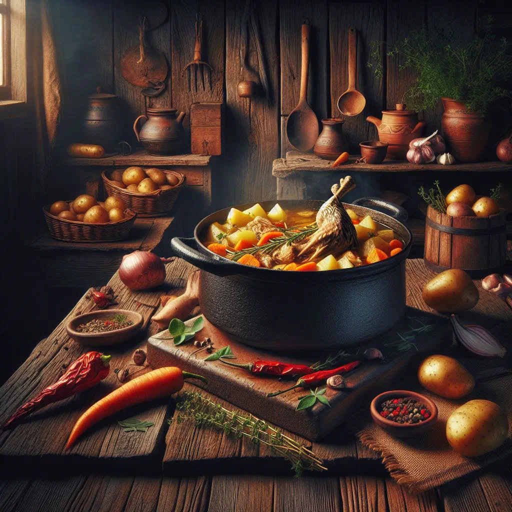 Zimbabwean roadrunner chicken stew with vegetables in a deep bowl