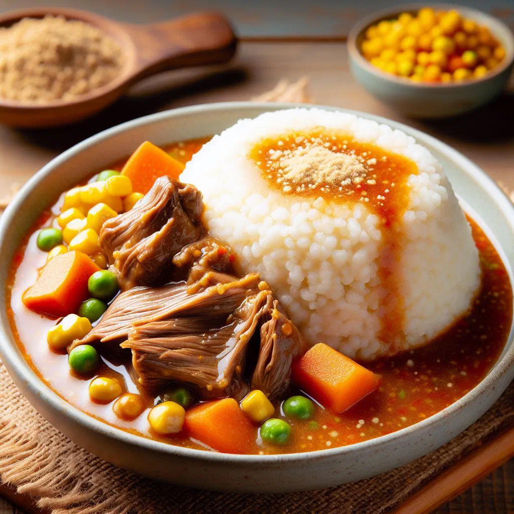 Creamy white sadza served with a saucy beef and tomato relish
