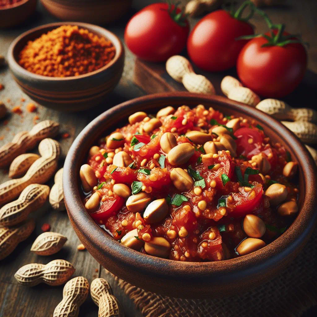 Bowl of spicy peanut and tomato relish garnished with fresh coriander