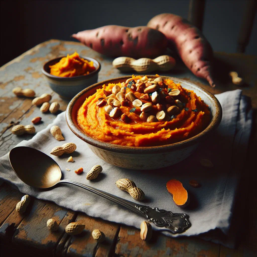 Creamy sweet potato and peanut mash in a bowl topped with roasted peanuts