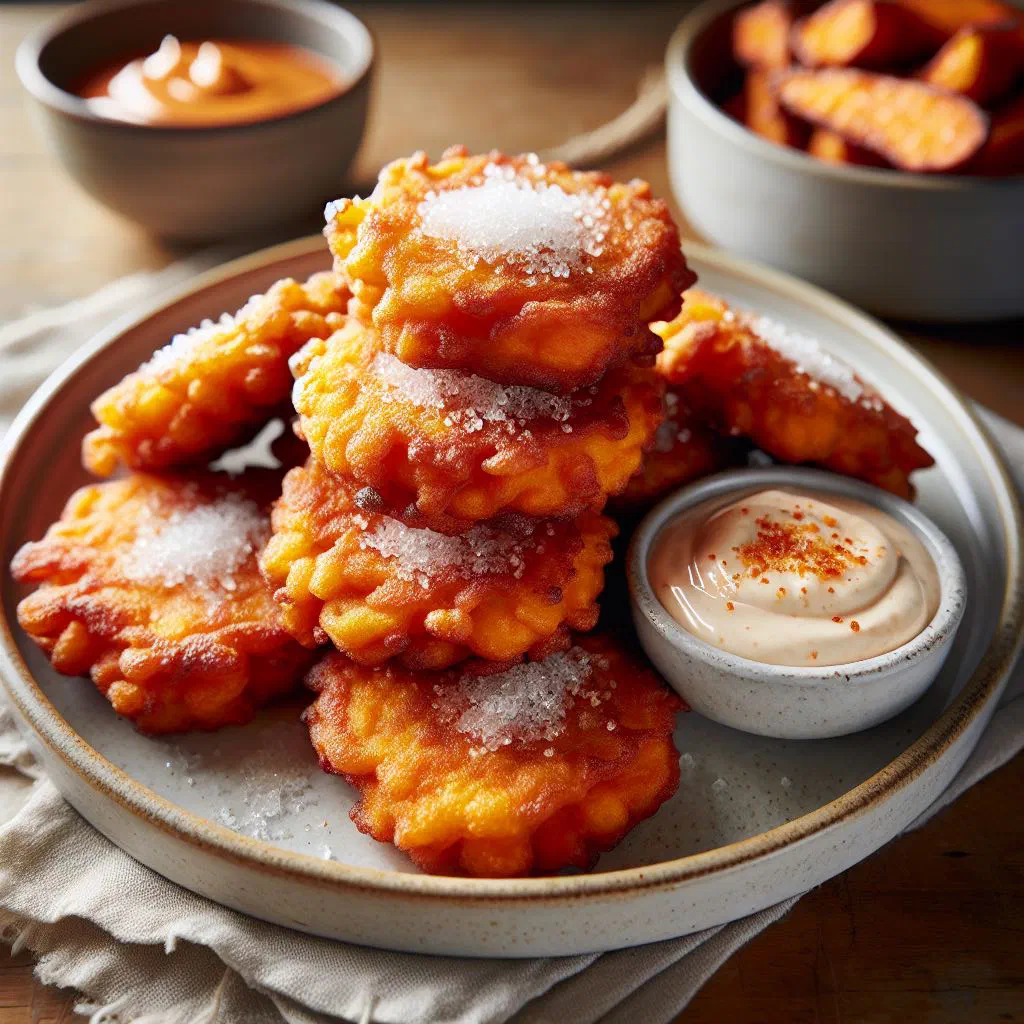Golden sweet potato fritters piled on a plate with fresh herbs