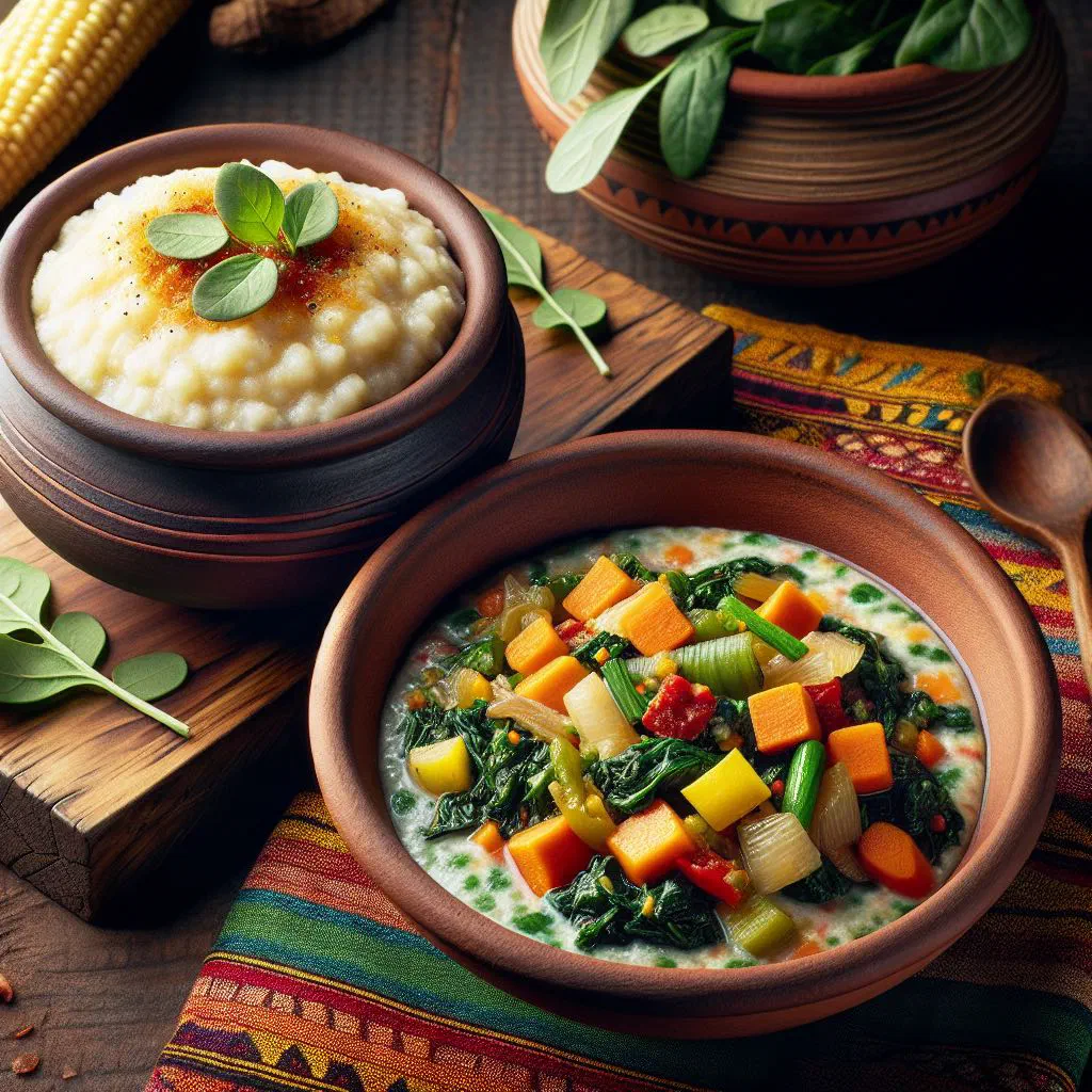 Bowl of soft white vegetable sadza served with fresh greens and carrots
