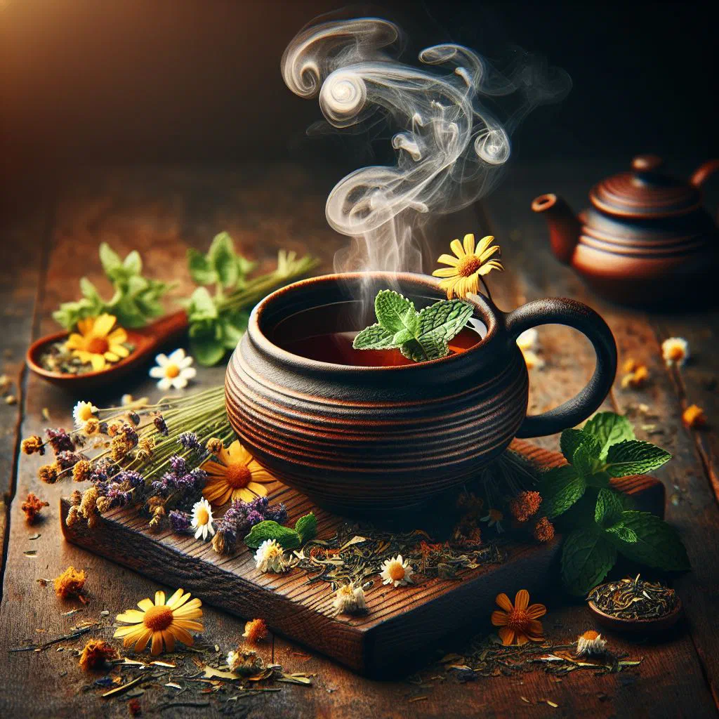 A steaming cup of Zimbabwean herb-infused tea garnished with fresh mint