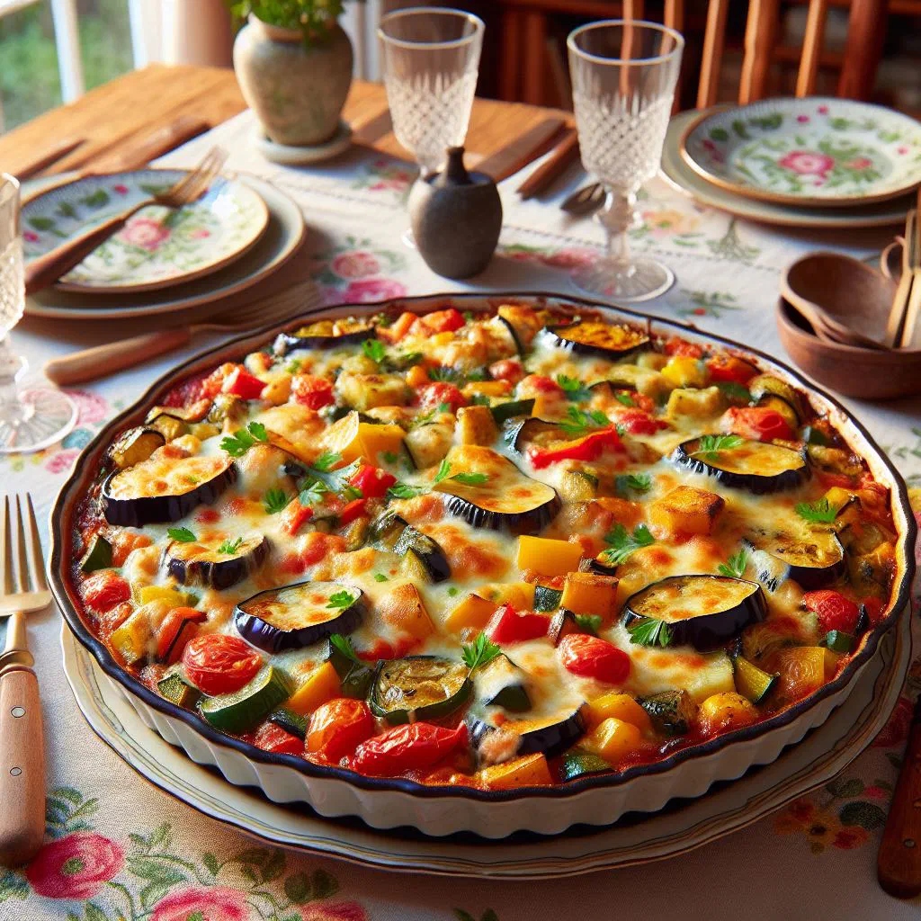 Golden baked vegetable and grain casserole with melted cheese in a dish