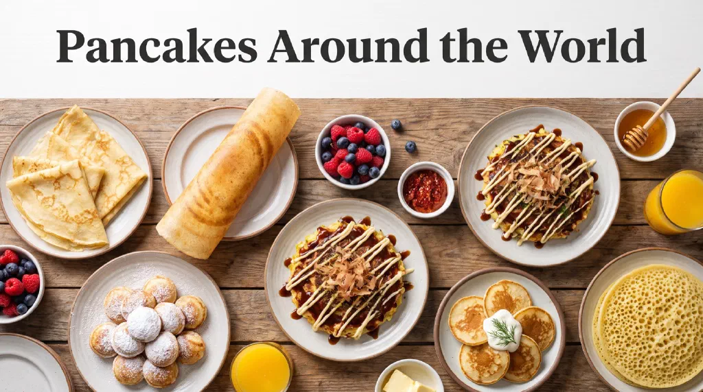 Stacks of different pancakes from around the world on a breakfast table