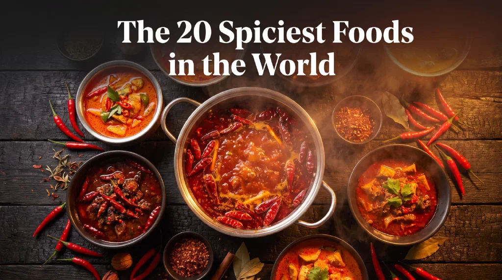 Fiery red chili dishes from around the world with fresh chilies scattered around