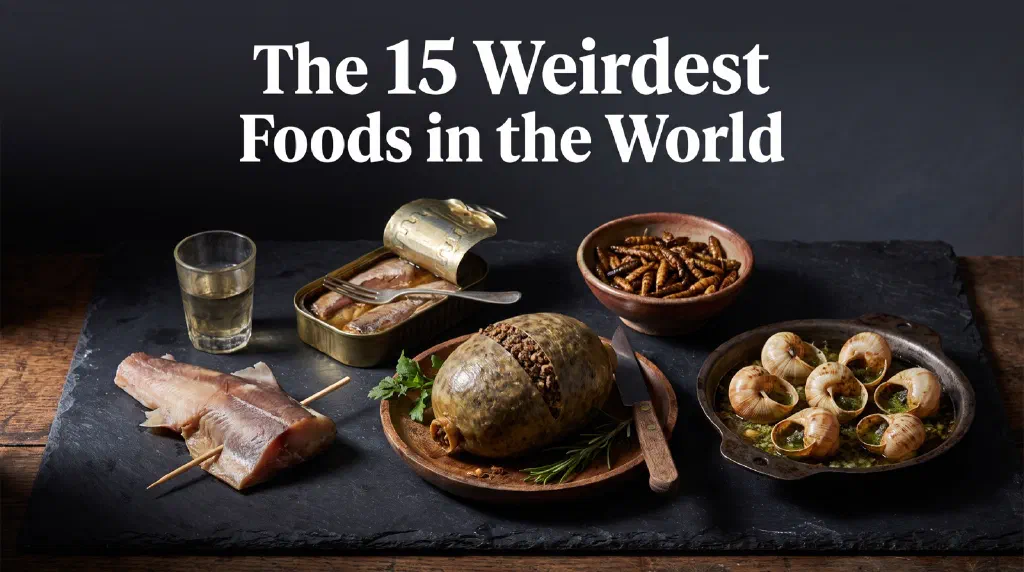 Unusual traditional delicacies from around the world on a dark table